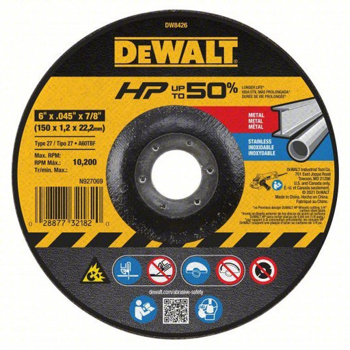 DeWalt DW8426 Depressed Center Cut-Off Wheel Type 27, 6 in x 0.045 in x 7/8 in, Aluminum Oxide, 60 Grit