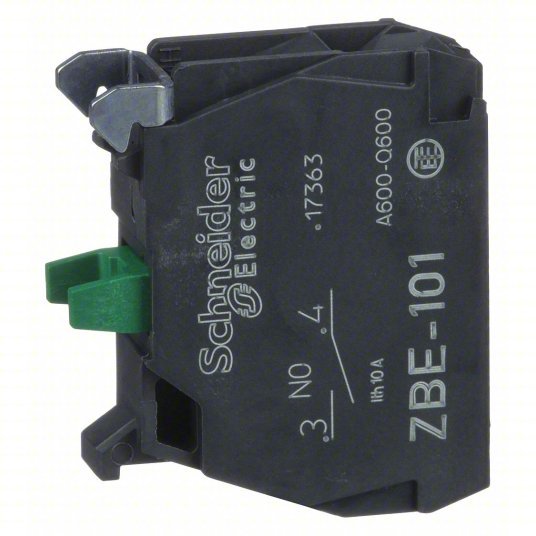 Schneider ZBE101 Contact Block 22 mm Size, Operator, 1NO, 10A @ 600V AC, Momentary, Black/Green