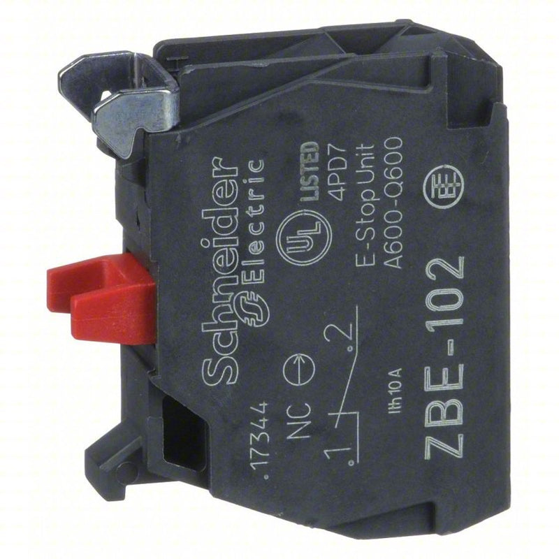 Schneider ZBE102 Contact Block 22 mm Size, Operator, 1NC, 10A @ 600V AC, Momentary, Black/Red