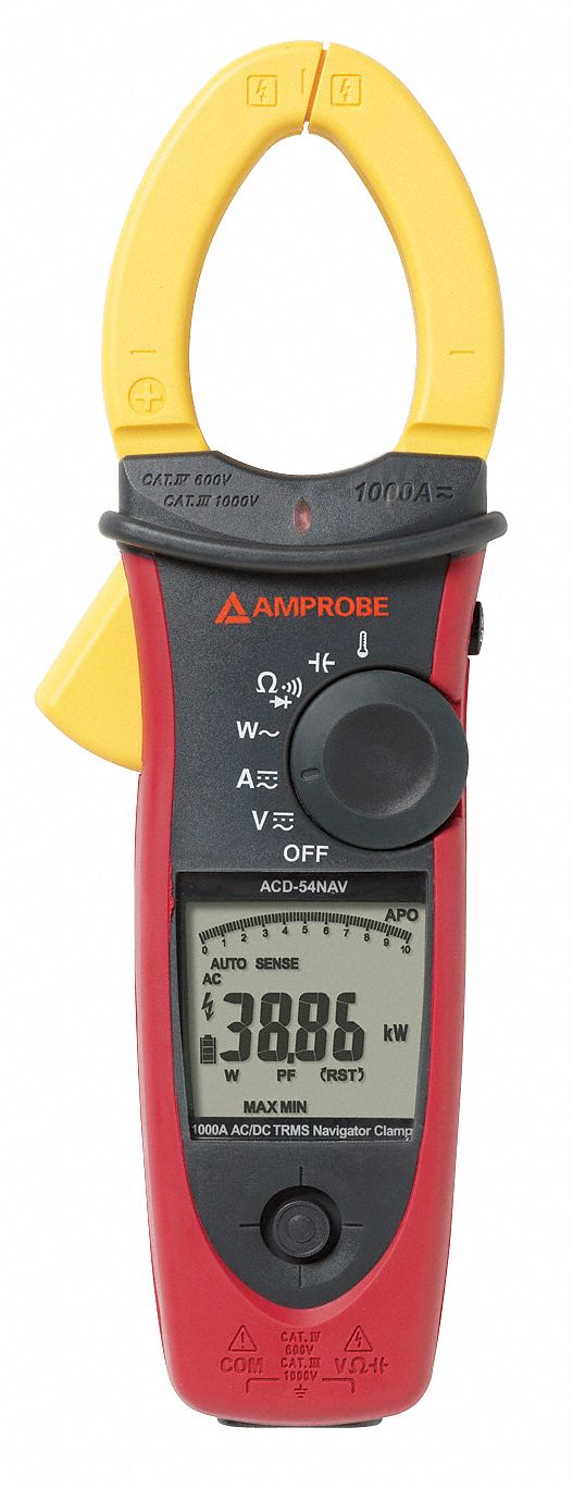 Amprobe ACDC-54NAV Clamp-On Power Meter, 1,000 kW, 1,000 A, CAT IV, 10,000 Counts, LCD