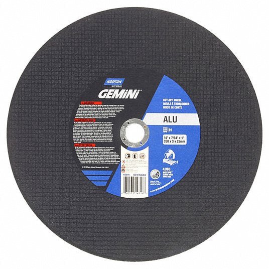 NORTON 66253314816 Abrasive Cut-Off Wheel: Type 1, 14 in x 7/64 in x 1 in, Aluminum Oxide, 36 Grit, Gemini ALU