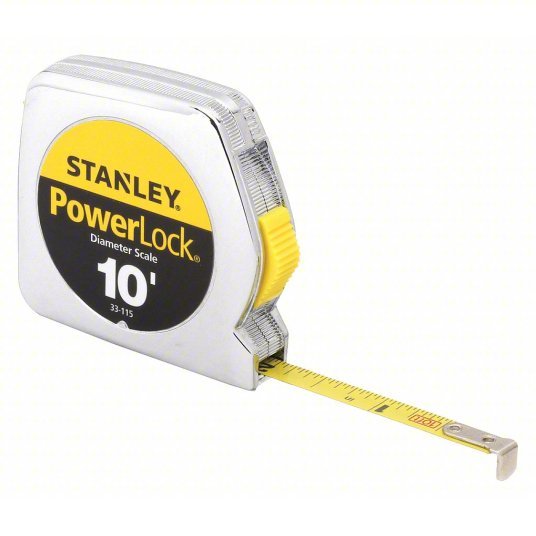 Stanley 33-115 10 ft Diameter Tape Measure Inch, Loop Tip, Plastic, Narrow Blade, Silver, Steel, Yellow