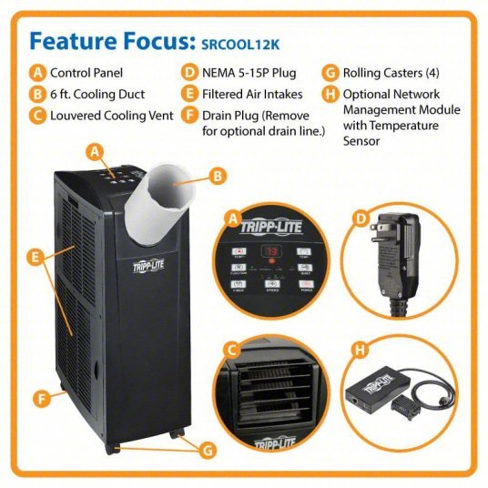 Tripp Lite SRCOOL12K Portable Air Conditioner 12,000 BtuH Cooling Capacity, 450 to 550 sq ft, 1 Phase