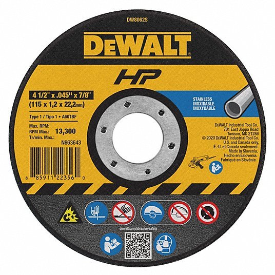 DeWalt DW8062S Abrasive Cut-Off Wheel Type 1, 4 1/2" x 0.045" x 7/8", Aluminum Oxide, 60 Grit, A60S