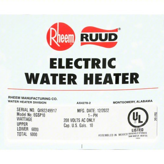 Rheem EGSP10 208V Point-of-Use Electric Water Heater 208V, 10 gal, 6,000 W, Single Phase, 22.87 in Ht