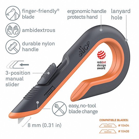 Slice 10400 Box Cutter 7 in Overall Lg, Ceramic Rounded Tip, Textured, Plastic, Black/Orange