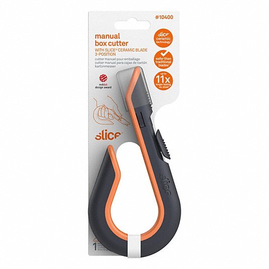 Slice 10400 Box Cutter 7 in Overall Lg, Ceramic Rounded Tip, Textured, Plastic, Black/Orange