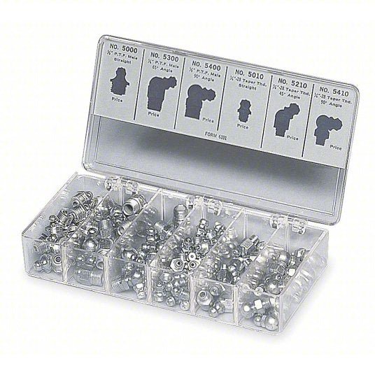 Lincoln 5469 Grease Fitting Kit Std Fitting, 1/4"-28/1/8"-27 Thread Size, NPT/PTF, 0°,45°,65°,90° Head Angle