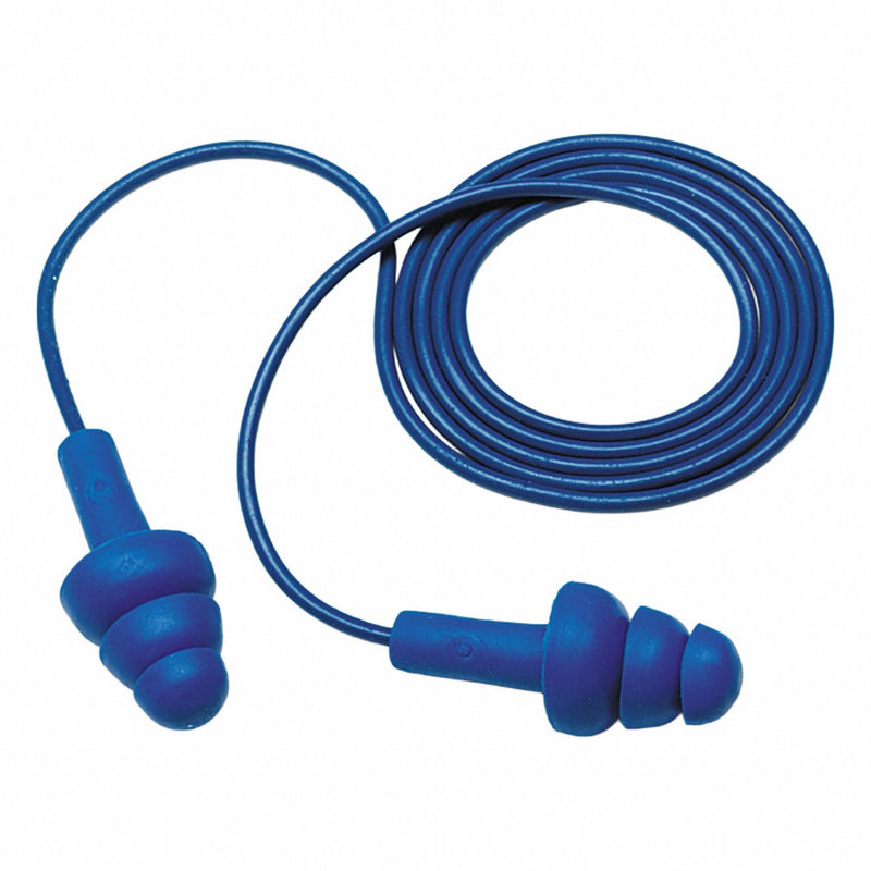3M 340-4017 Ear Plugs, Flanged, 25 dB NRR, Metal-Detectable, Corded, Reusable, Push-In, Blue, 200 PK