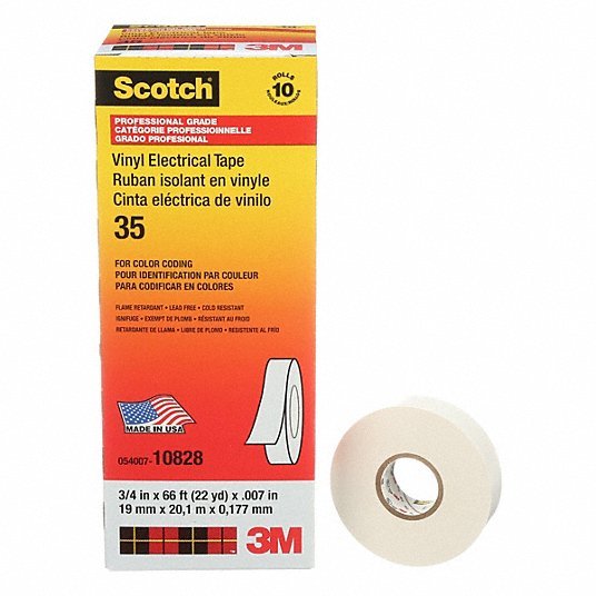3M 10828 Electrical Tape: 3/4 in Wd, 22 yd Lg, 7 mil Thick, Vinyl, Rubber, 600 V Volt Rating, 35 White - Redwood.RW2A228