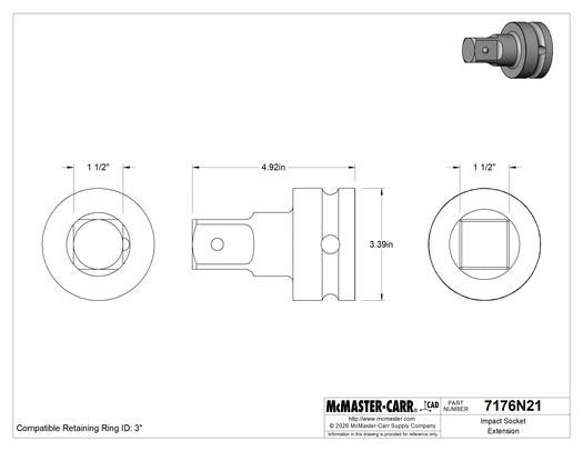 McMaster 7176N21 Impact Socket Extension, 1-1/2" Square Drive, 5" Overall Length