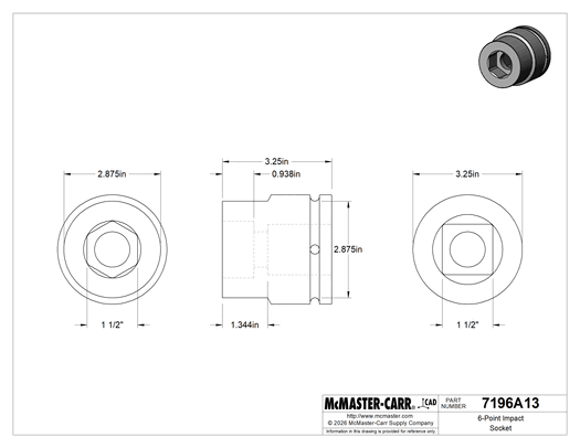 McMaster 7196A13 6-Point Impact Socket, 1-1/2" Square Drive, 1-1/2" Size