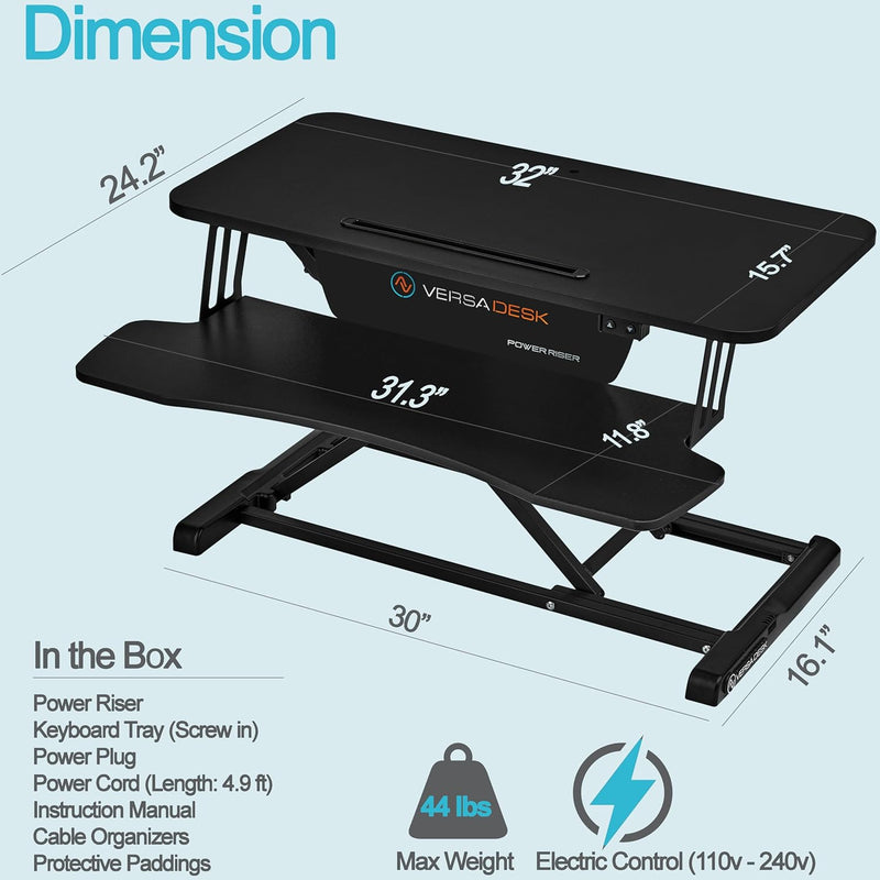 Versadesk VDPR PowerRiser 32" x 24" Electric Standing Desk Converter for Dual Monitor, Black