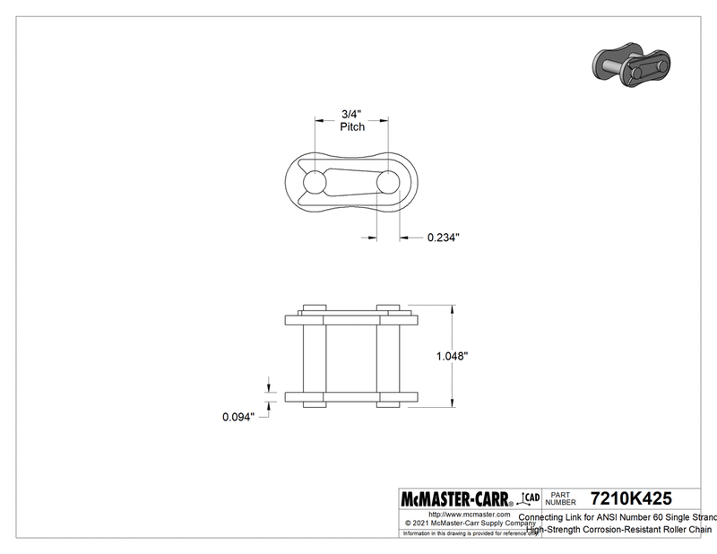 McMaster 7210K425 Connecting Link for ANSI Number 60 Single Strand High-Strength Corrosion-Resistant Roller Chain