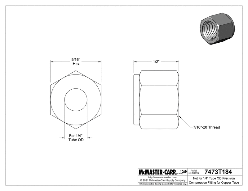 McMaster 7473T184 Nut for 1/4" Tube OD Precision Compression Fitting for Copper Tube