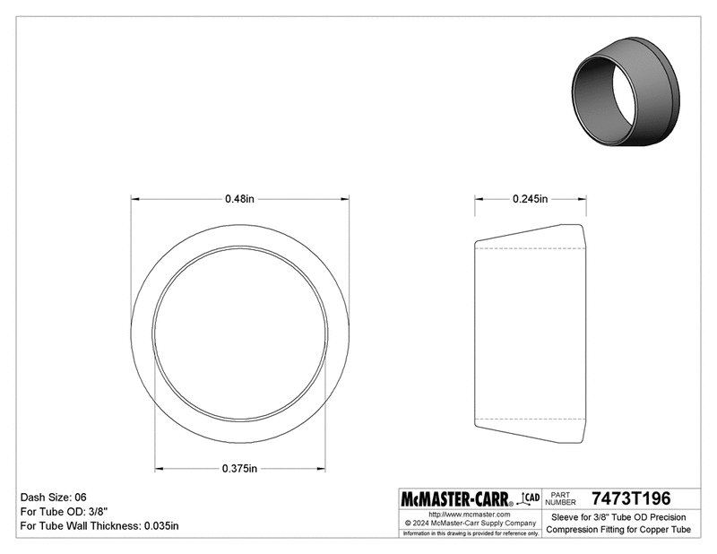 McMaster 7473T196 Sleeve for 3/8" Tube OD Precision Compression Fitting for Copper Tube