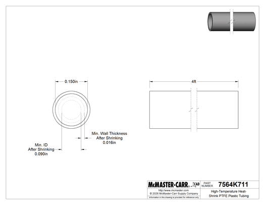 McMaster 7564K711 High-Temperature Heat-Shrink PTFE Tubing, for 12 Wire Gauge, 0.15" ID Before Shrinking, 4 Feet Long