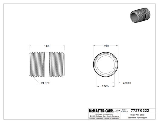 McMaster 7727K222 Thick-Wall Steel Seamless Pipe Nipple, Threaded on Both Ends, 3/4 Pipe Size, 1-1/2" Long