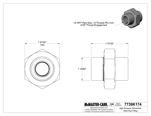 McMaster 7739K174 High-Pressure Galvanized Steel Pipe Fitting Union Straight Connector, 1/2 NPT Female