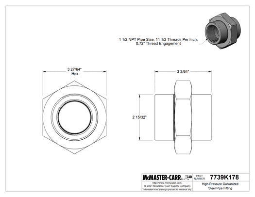 McMaster 7739K178 High-Pressure Galvanized Steel Pipe Fitting Union Straight Connector, 1-1/2 NPT Female