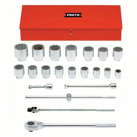 Proto J57102A Socket Set 1 in Drive Size, 22 Pieces, 1 1/2 in to 3 1/2 in Socket Size Range, (16) 12-Point