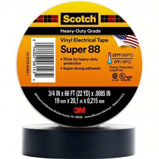 3M Super 88 Insulating Electrical Tape Gen Purpose, Vinyl, 1 1/2 in x 44 ft, Black