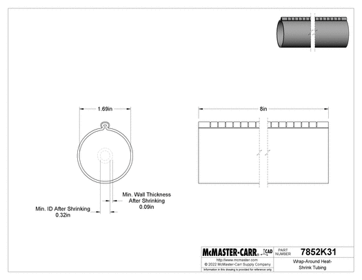 McMaster 7852K31 Wrap-Around Heat-Shrink Tubing with Locking Channel, 1.7" ID Before Shrinking, 8" Long