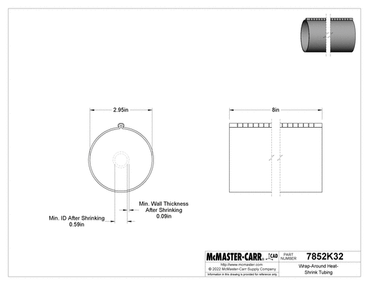 McMaster 7852K32 Wrap-Around Heat-Shrink Tubing with Locking Channel, 2.95" ID Before Shrinking, 8" Long