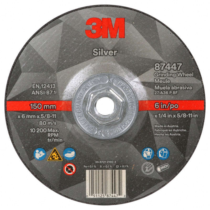 3M 87447 Depressed Center Grinding Wheel, Type 27, 6" x 1/4" x 5/8"-11, Ceramic, 36 Grit, Silver