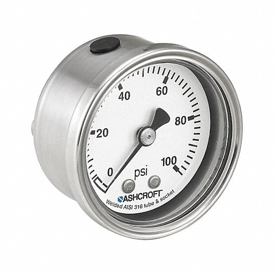 Ashcroft 501008S02B600# Pressure Gauge 0 psi / Hg to 600 psi, 2 in Dial, 1/4 in NPT Male, Center Back, 4X, IP66