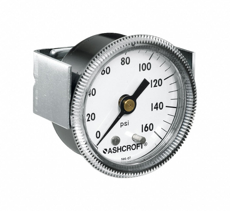 Ashcroft 1001 Series Panel Mount Pressure Gauge, 0 to 160 psi, 2 in Dial, Steel Case Black, 1/4 in Center Back NPT, with Nuts & U-Clamp