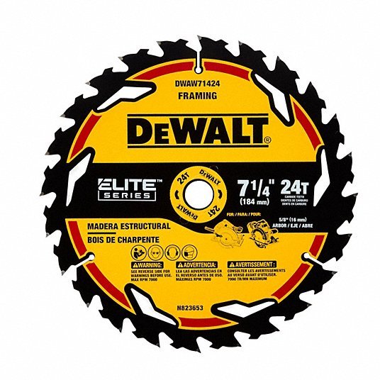 DeWalt DWAW71424 Circular Saw Blade 7 1/4 in Blade Dia., 24 Teeth, 0.07 in Cut Wd, 5/8 in Arbor Size, Framing