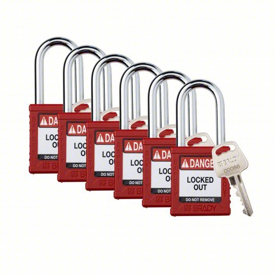 Brady SDPL-RED-38ST-KD6 Padlock Keyed Different, Nylon, Std Body Body Size, Steel, Std, Red, 6 Pack