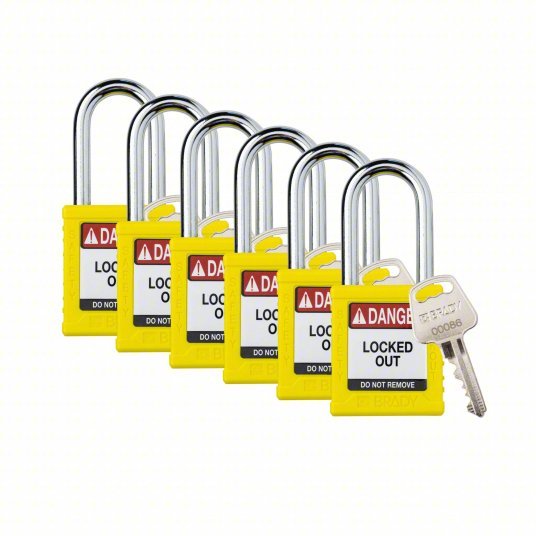 Brady SDPL-YLW-38ST-KD6 Padlock Keyed Different, Nylon, Std Body Body Size, Steel, Std, Yellow, 6 Pack Size