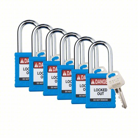 Brady SDPL-BLU-38ST-KD6 Padlock Keyed Different, Nylon, Std Body Body Size, Steel, Std, Blue, 6 Pack Size