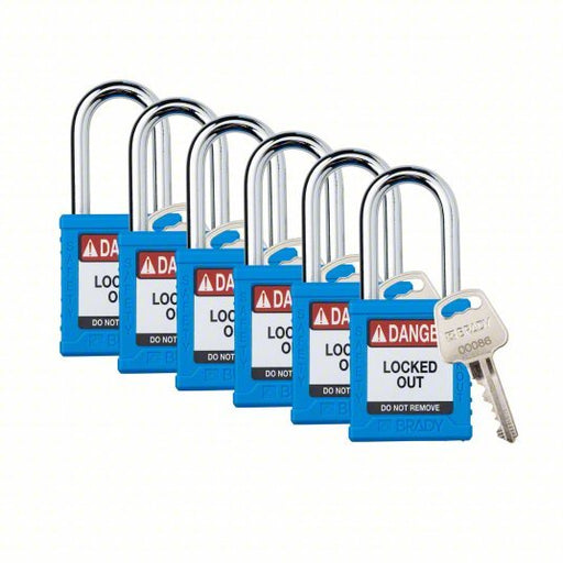 Brady SDPL-BLU-38ST-KD6 Padlock Keyed Different, Nylon, Std Body Body Size, Steel, Std, Blue, 6 Pack Size