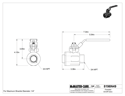 McMaster 8196N49 Threaded On/Off Valve, Steel with Lockable Lever Handle, 3/4 NPT Female x NPT Female
