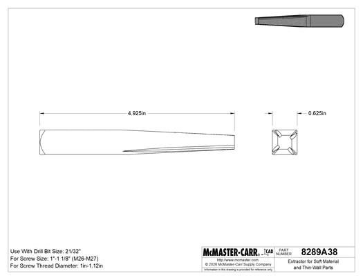 McMaster 8289A38 Extractor for Soft Material and Thin-Wall Parts, for 1"-1.12" Screw Thread Diameter