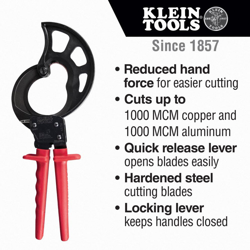 Klein Tools 63750 Ratchet Cable Cutter, Center Cut, For 2-1/16 in Max Dia Data Cable, Plastic Handle