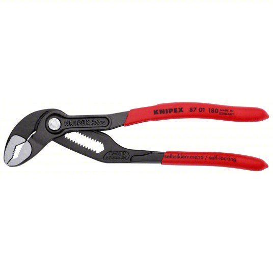 Knipex 87 01 180 Tongue and Groove Plier V, Push Button, 1 1/2 in Max Jaw Opening, 7 1/4 in Overall Lg, Serrated