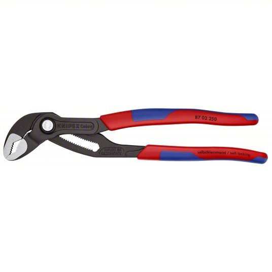 Knipex 87 02 250 SBA Water Pump Plier V, Push Button, 2 in Max Jaw Opening, 10 in Overall Lg, 25 Jaw Positions, Serrated