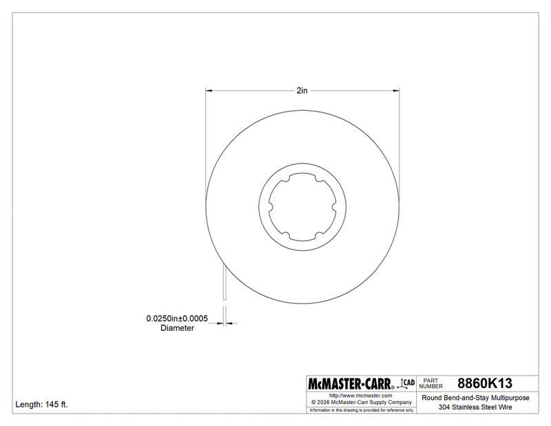 McMaster 8860K13 Round Bend-and-Stay Multipurpose 304 Stainless Steel Wire Matte Finish, 1/4-lb. Spool, 0.025" Diameter