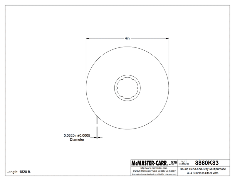 McMaster 8860K83 Round Bend-and-Stay Multipurpose 304 Stainless Steel Wire Matte Finish, 5-lb. Spool, 0.032" Diameter