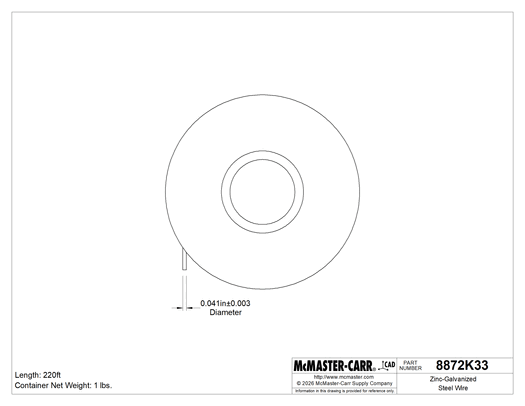 McMaster 8872K33 Zinc-Galvanized Steel Wire 0.041" Diameter, 220 Feet Long, 1 lb. Spool