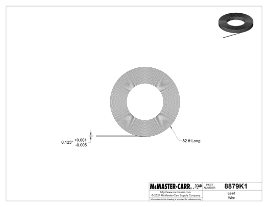McMaster 8879K1 Lead Wire, 0.125" Diameter x 82 Feet Long, 5 lb. Spool