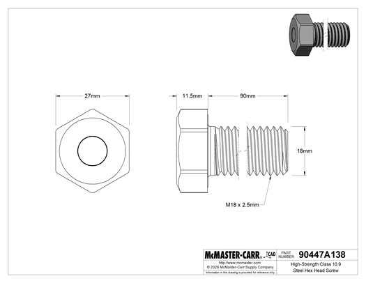 McMaster 90447A138 High-Strength Class 10.9 Steel Hex Head Screw, M18 x 2.5 mm Thread Size, 90 mm Long, Fully Threaded