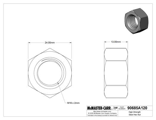 McMaster 90685A120 High-Strength Steel Hex Nut, Class 10, M16 x 2 mm Thread Size, Pack of 10