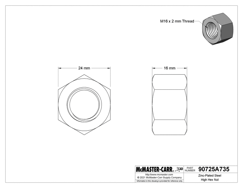 McMaster 90725A735 Zinc-Plated Steel High Hex Nut Class 8, M16 x 2 mm Thread