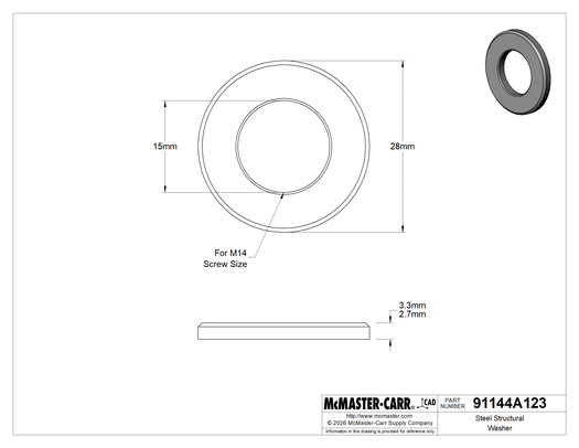 McMaster 91144A123 Steel Structural Washer, for M14 Screw Size, 15.0 mm ID, 28.0 mm OD, Pack of 10