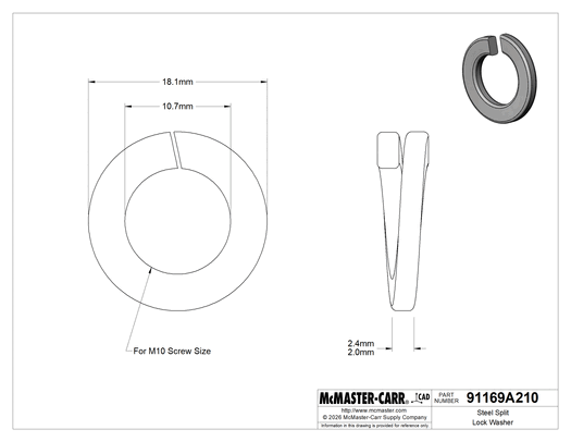 McMaster 91169A210 Steel Split Lock Washer, for M10 Screw Size, 10.7 mm ID, 18.1 mm OD, Pack of 100